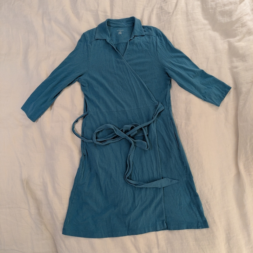Lands End classic bold solid teal blue cotton blend wrap dress
